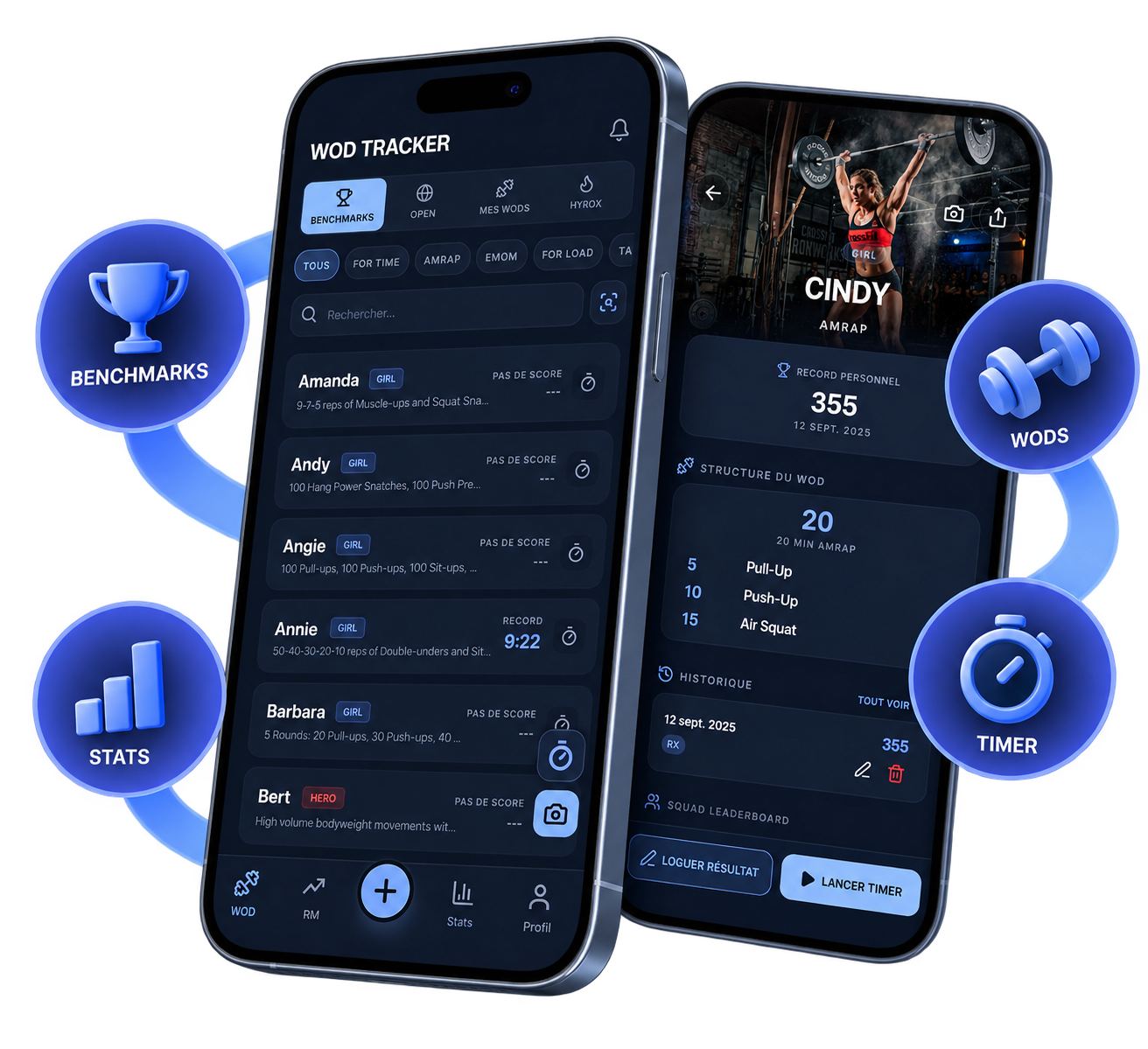 WOD Tracker app: benchmarks list and Cindy WOD detail with Benchmarks, WODs, Stats and Timer badges