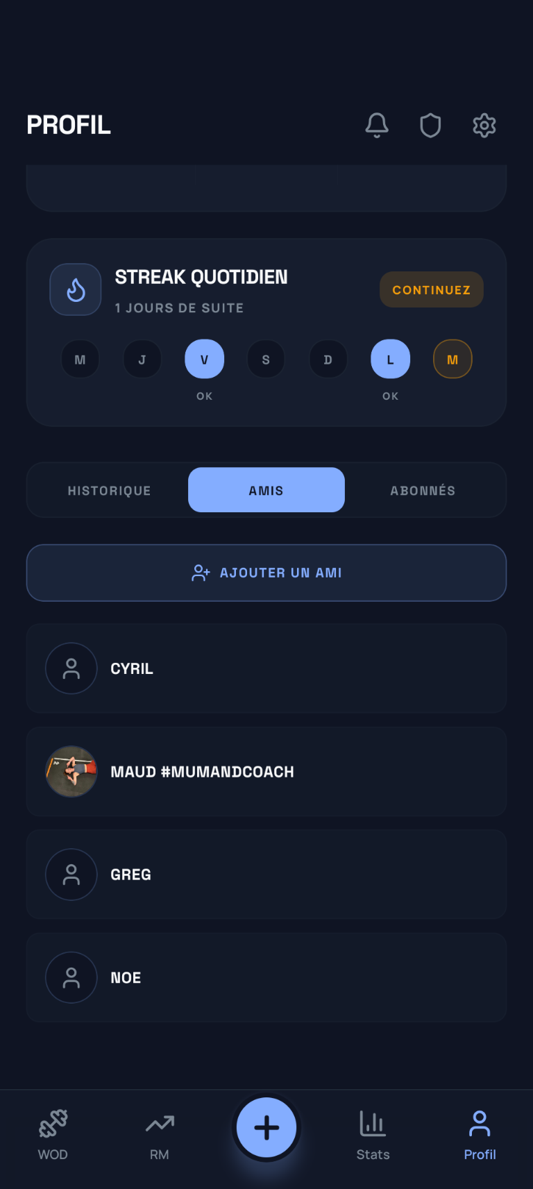 Friends list screen