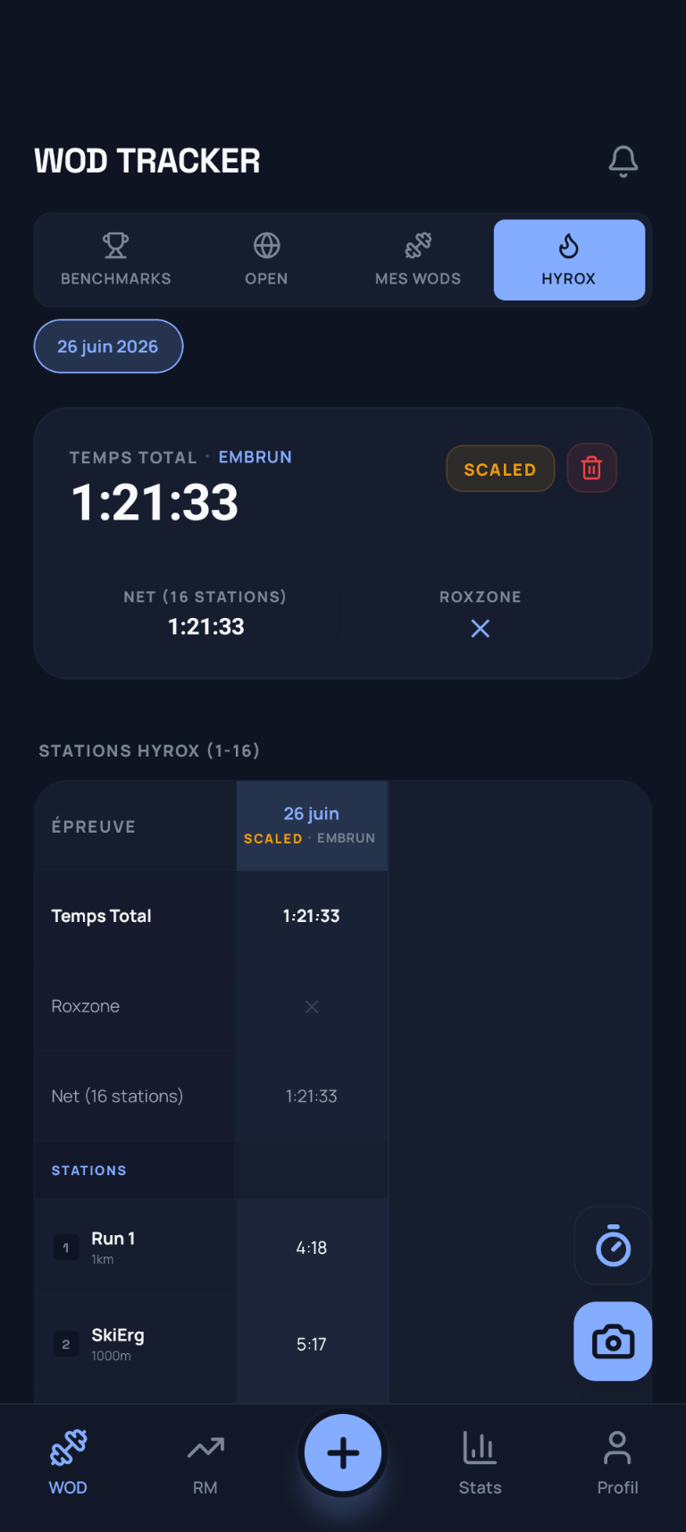 Hyrox log: Embrun race, total time 1:21:33 with station splits